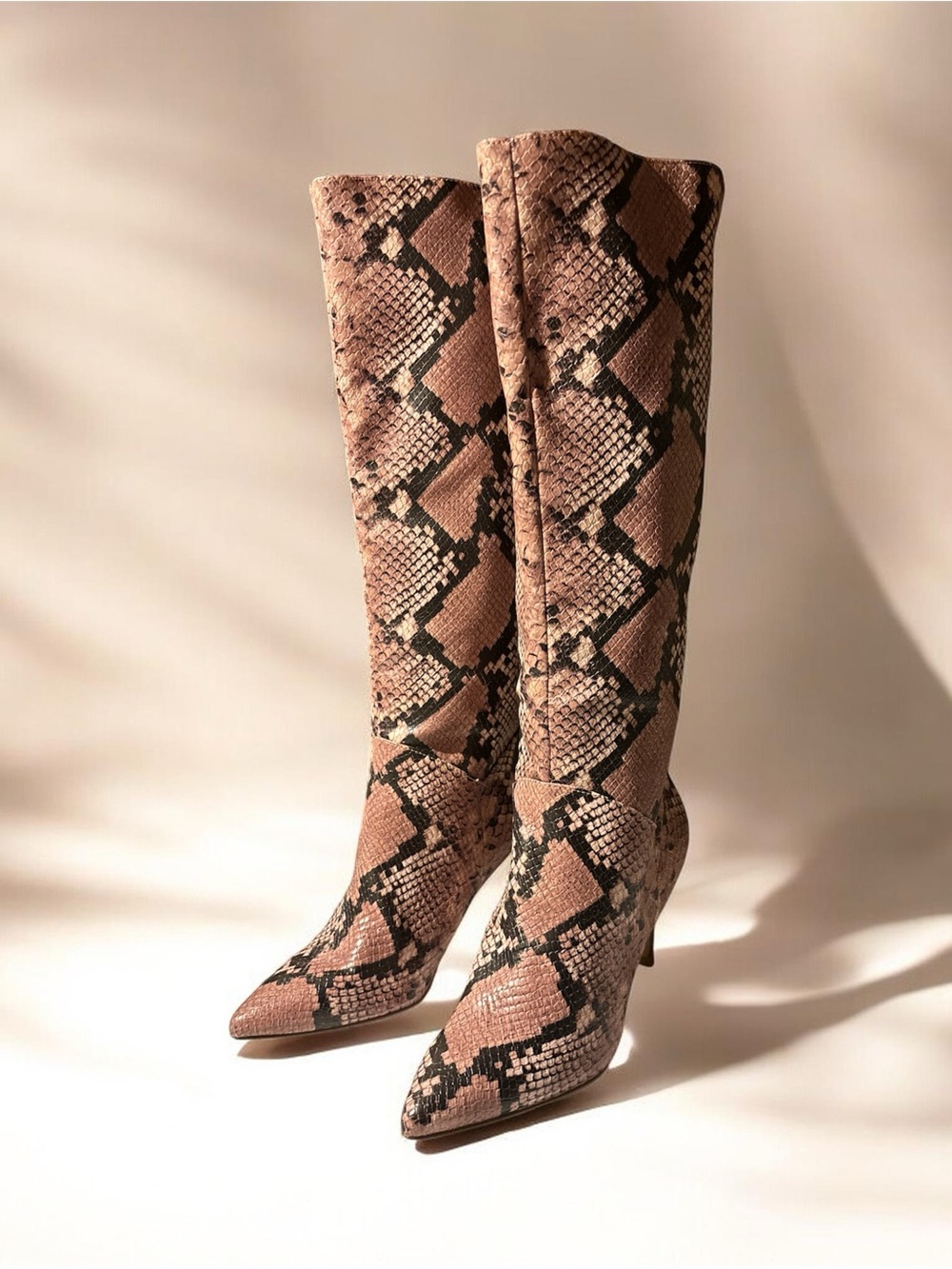 Steve Madden Kinga Snake-Print Knee High Boots in Taupe